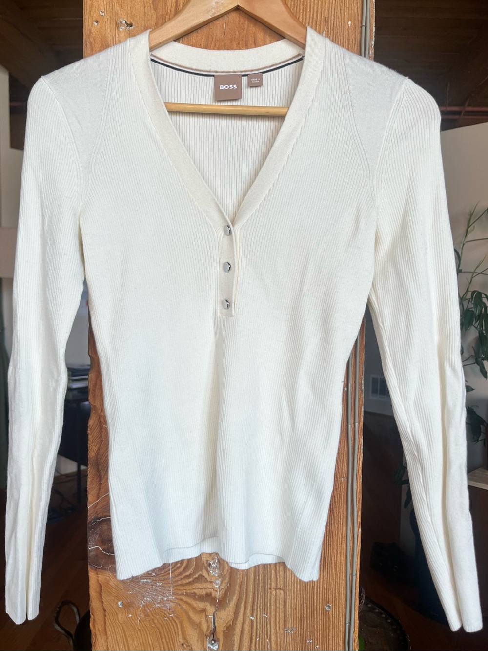 Boss Cream Ribbed V-Neck Long Sleeve Top with Button Placket